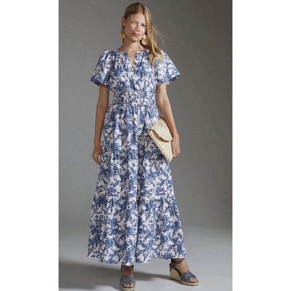 Anthropologie Dresses & Skirts - Anthropologie Somerset Tiered Maxi Dress Sz S Floral Blue Chinoiserie Vines NEW